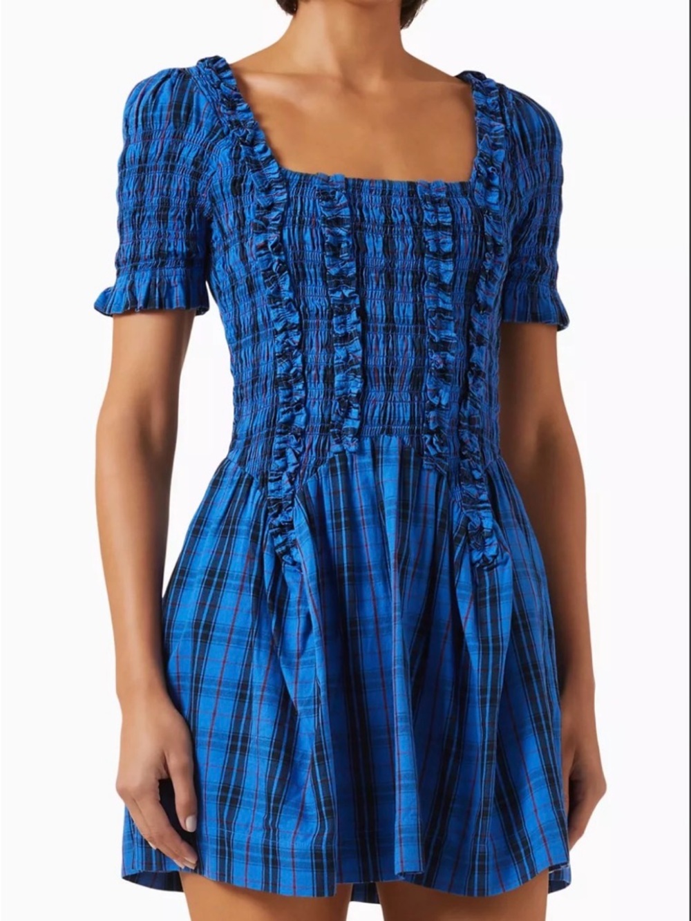 Damson Madder - Raphaela Mini Dress in Cotton | Blue Plaid Mini Dress w/ Ruching